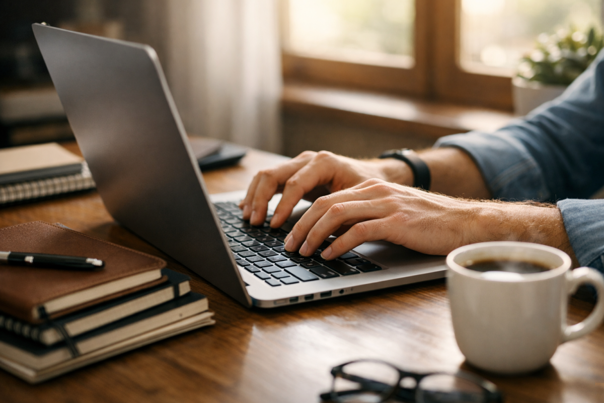 Freelance writer working at a desk