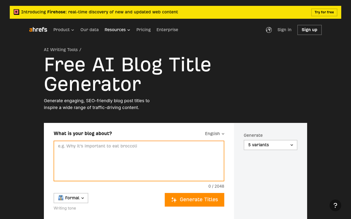 Title generator tool website screenshot