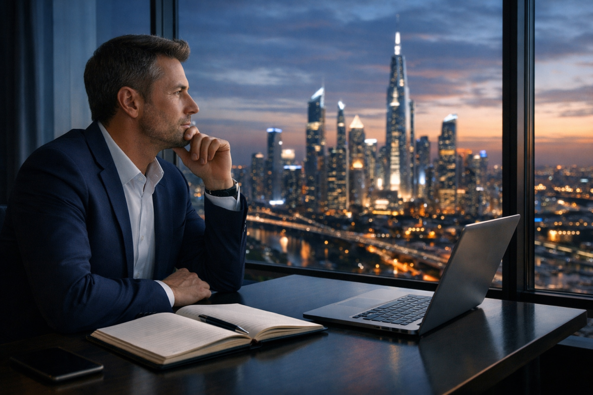 Person reflecting on past and future predictions