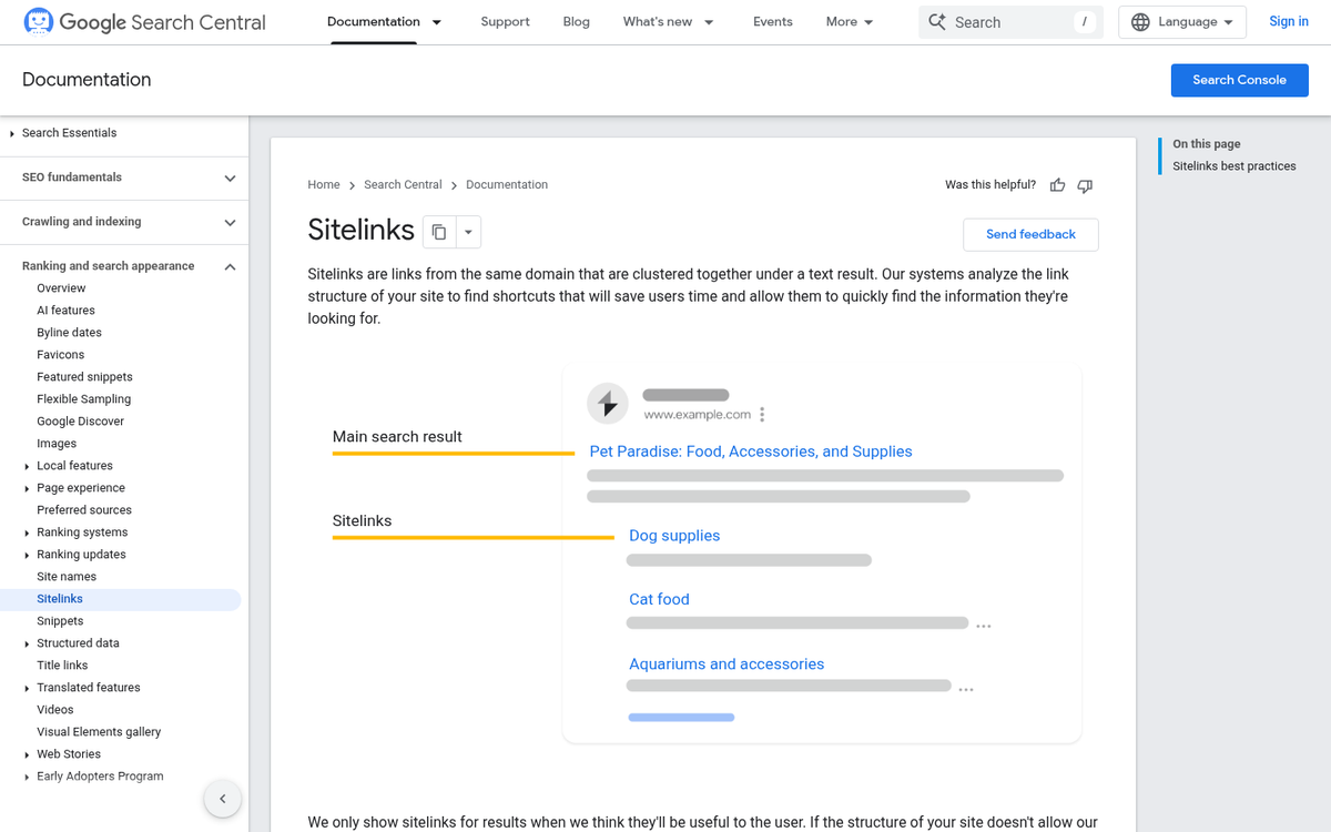 Google sitelinks displayed in search results