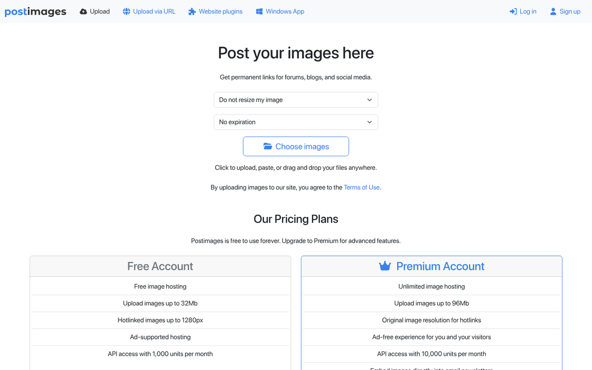 PostImage free image hosting website homepage