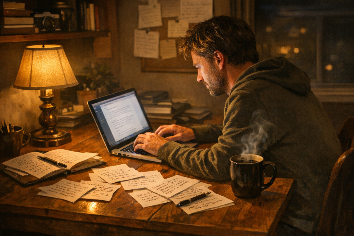 Robot typing at a desk blankly