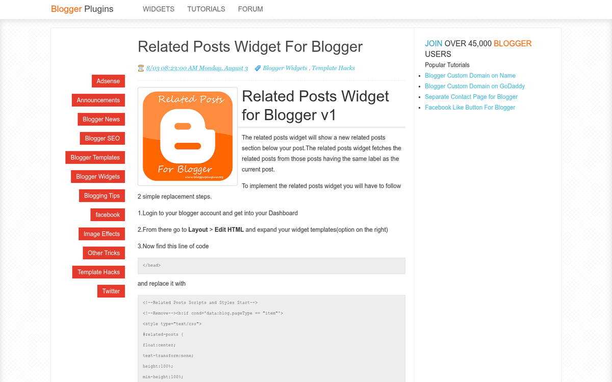 Related posts widget on a blog sidebar