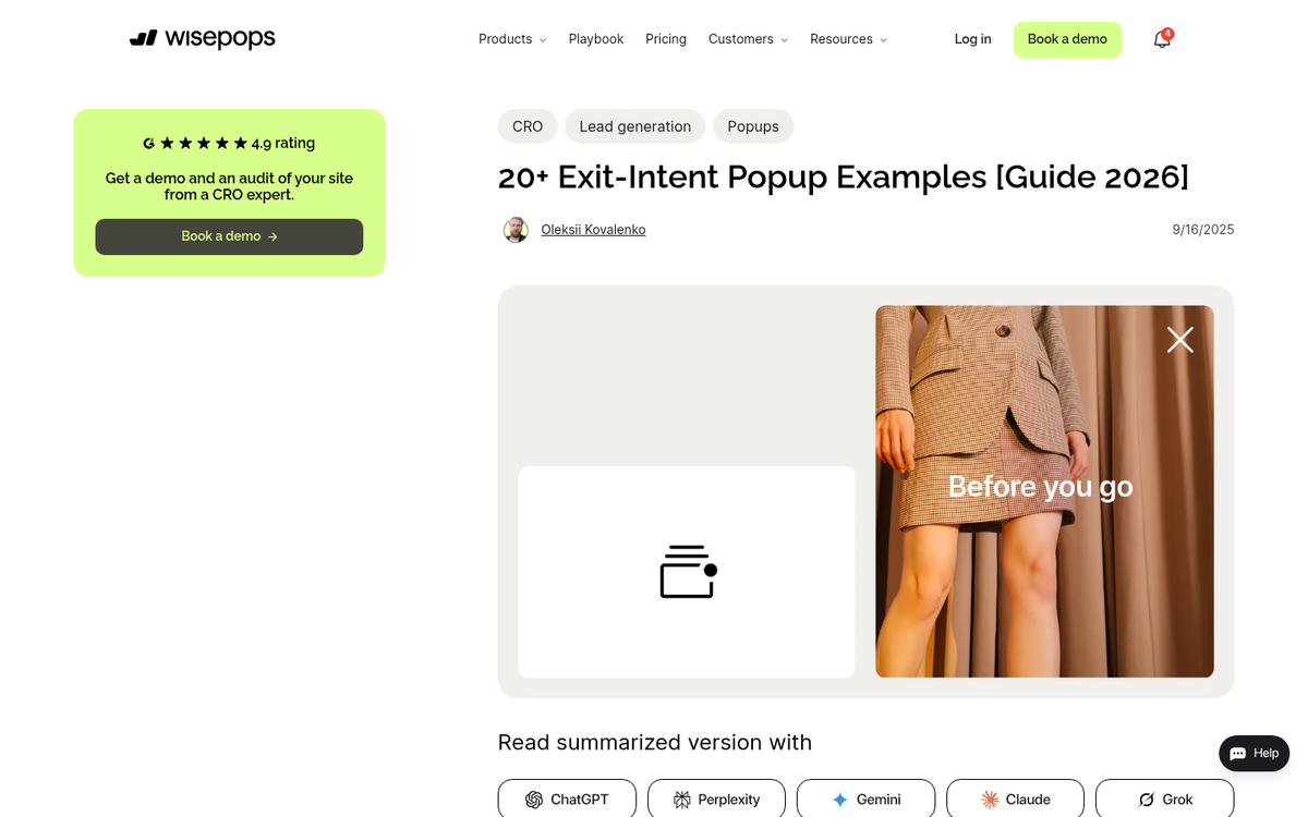 Exit intent popup overlay on website