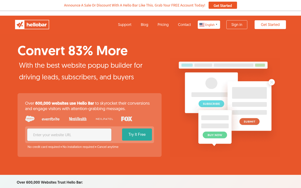 Hello Bar website homepage screenshot