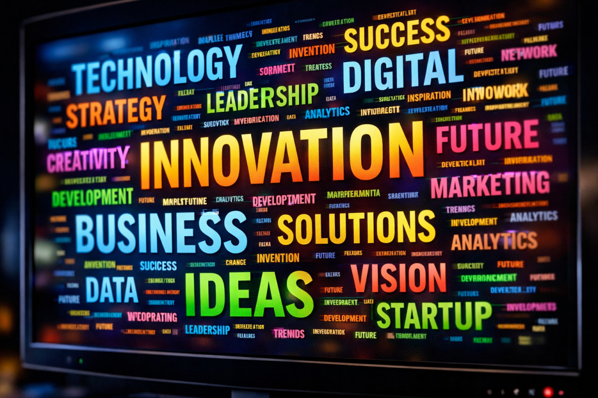 Colorful word cloud with various topic tags