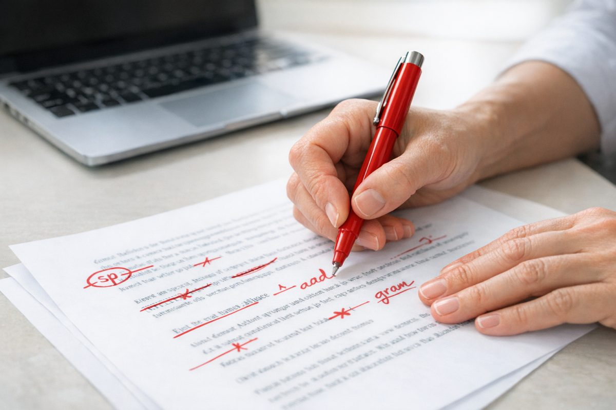 Person reviewing and editing a written document