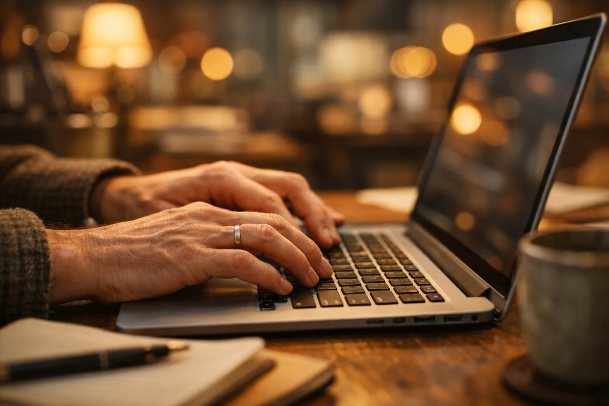 AI robot typing on a laptop