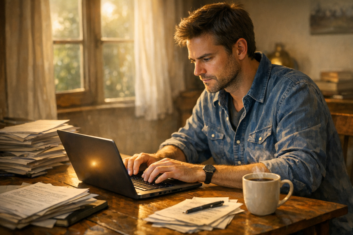 Writer working at desk with laptop