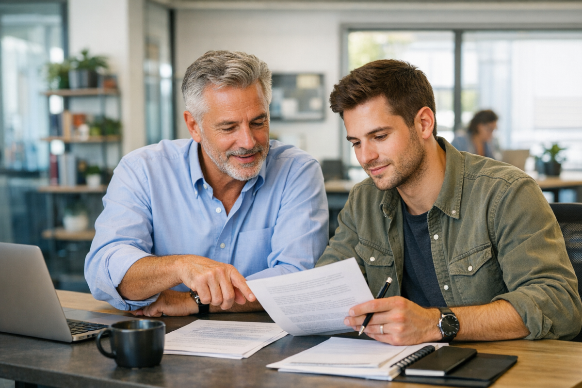 Manager coaching employee at desk together