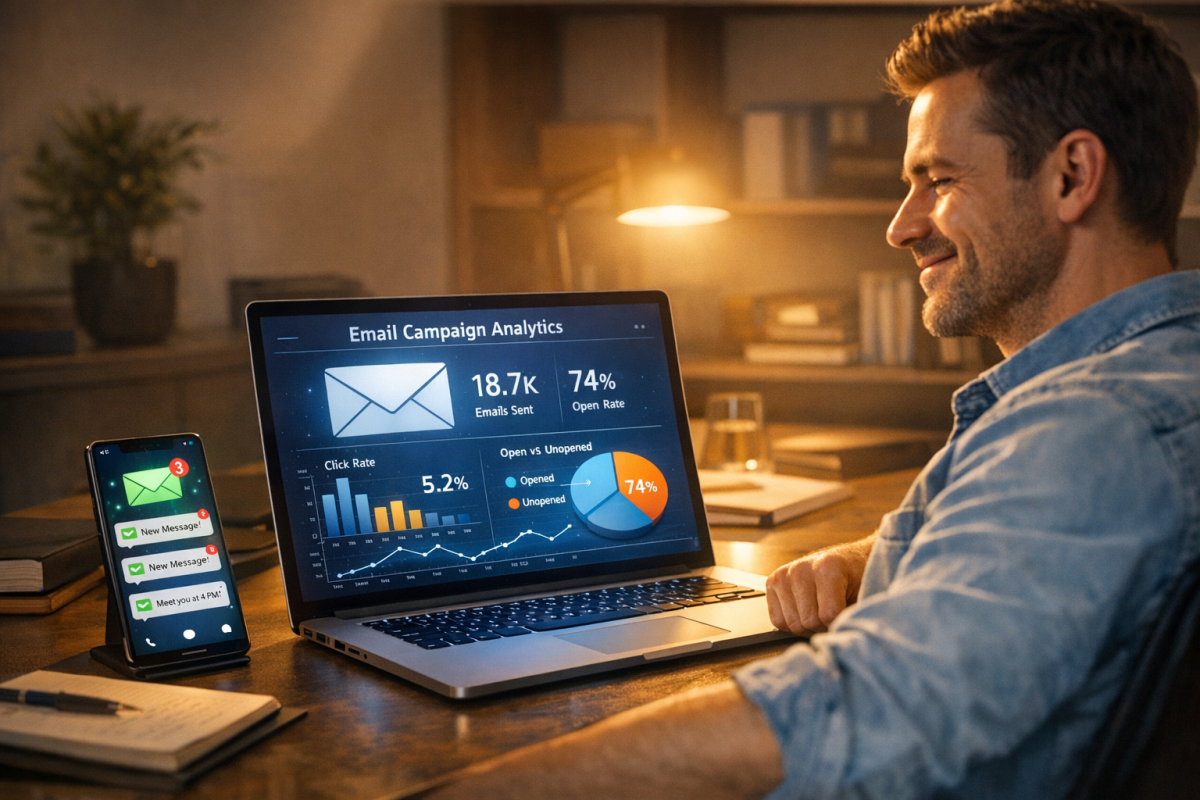 Blogger receiving email notification on laptop