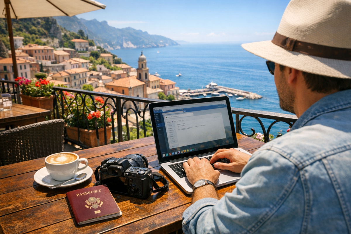 Traveler blogging with scenic view abroad