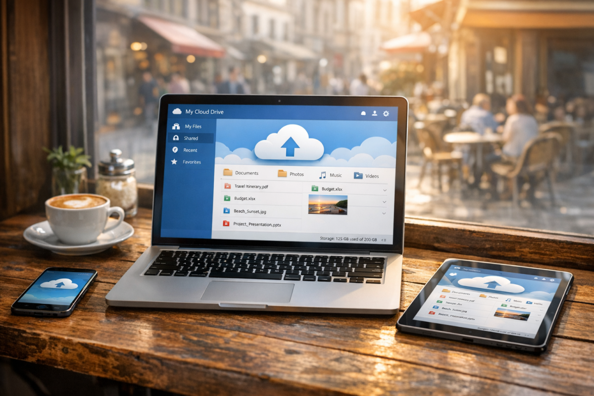 Laptop with cloud storage icons floating above
