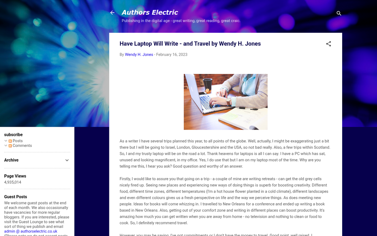 Traveler writing blog post at café