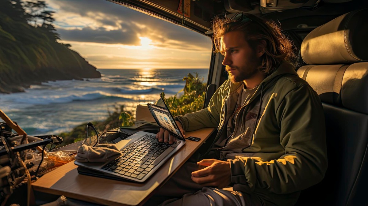 Person typing on laptop with AI interface