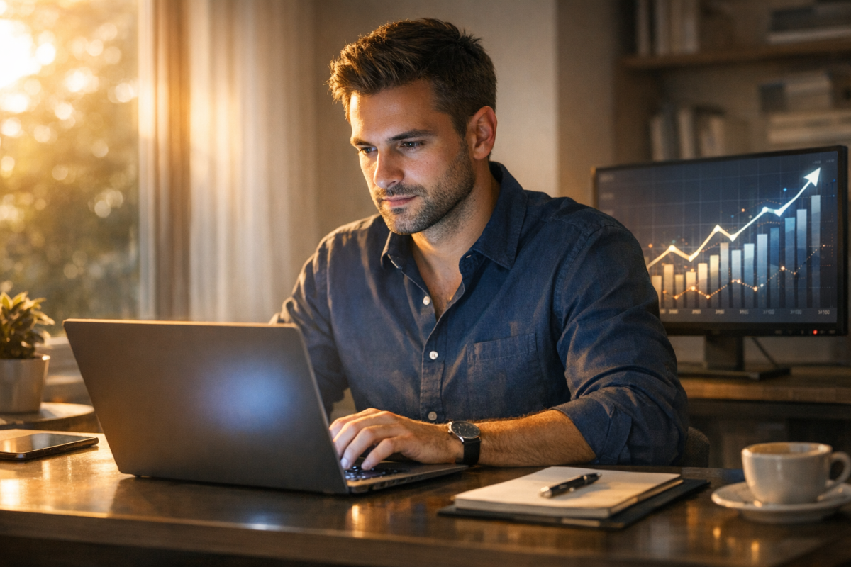Blogger weighing options at laptop desk