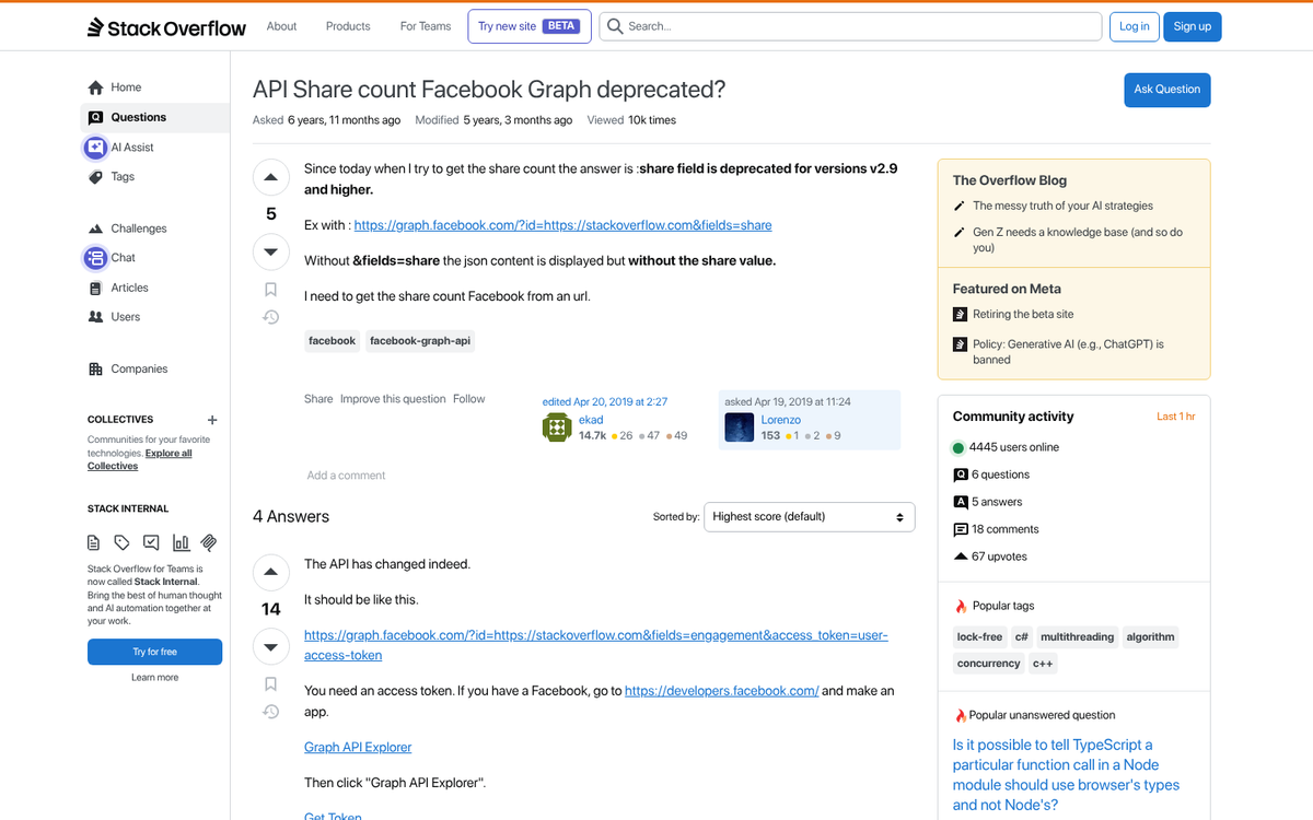 Facebook API deprecation notice on screen