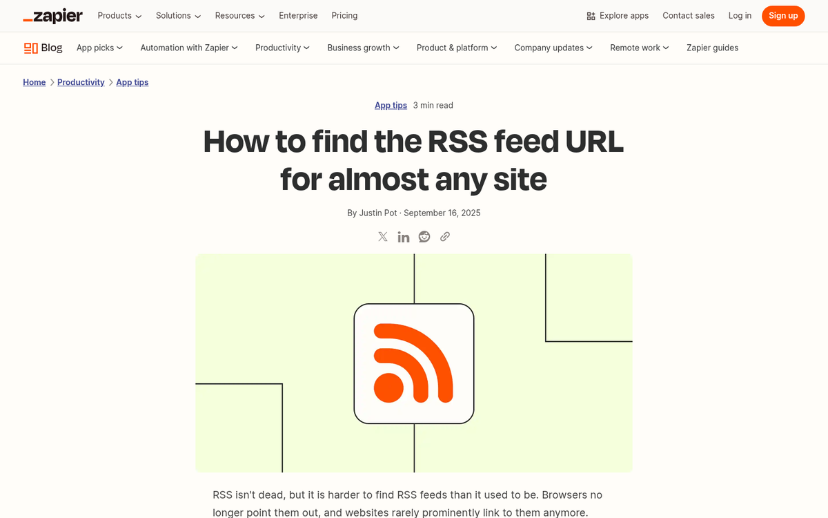 RSS feed discovery interface on website