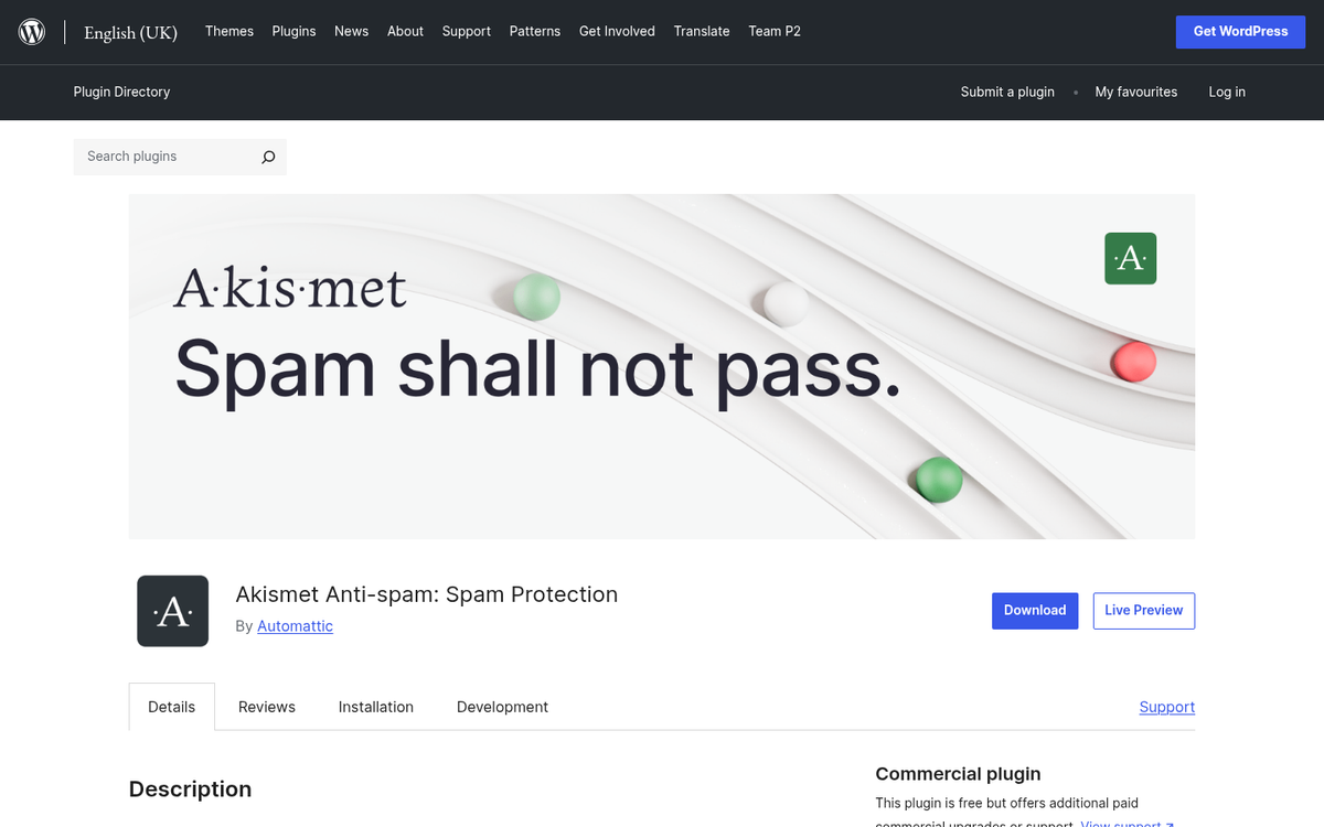 Akismet spam protection plugin website screenshot