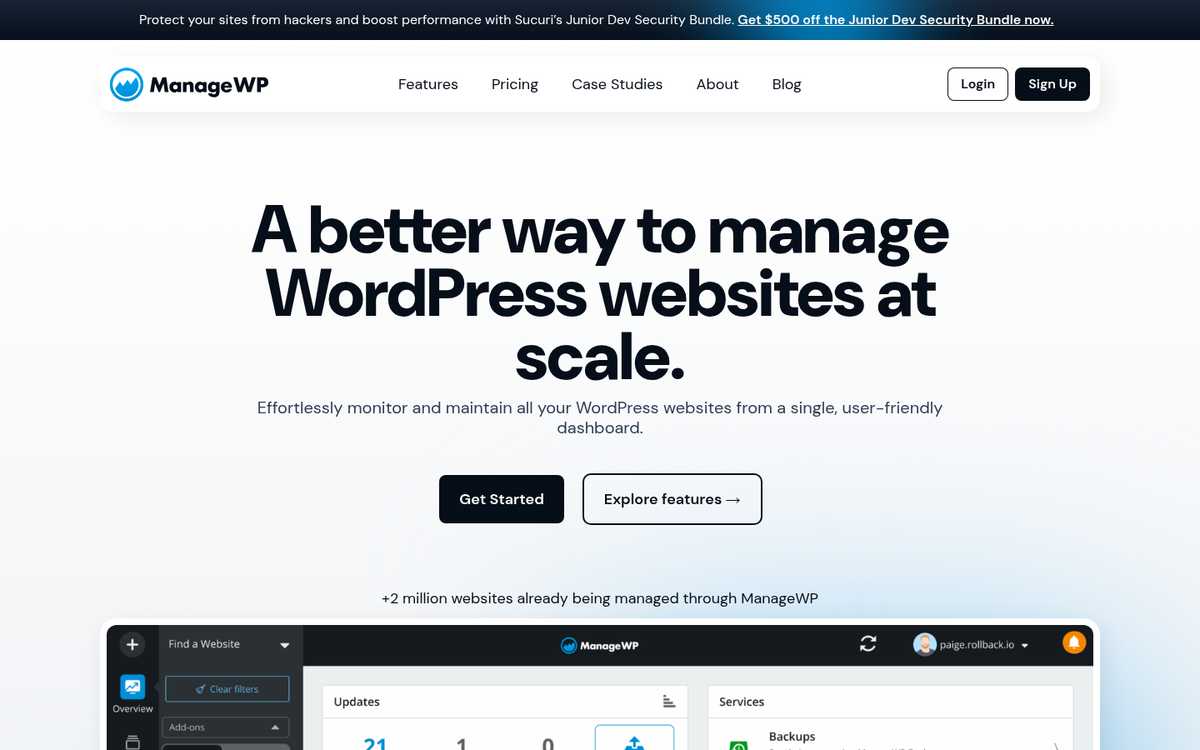 ManageWP dashboard interface screenshot