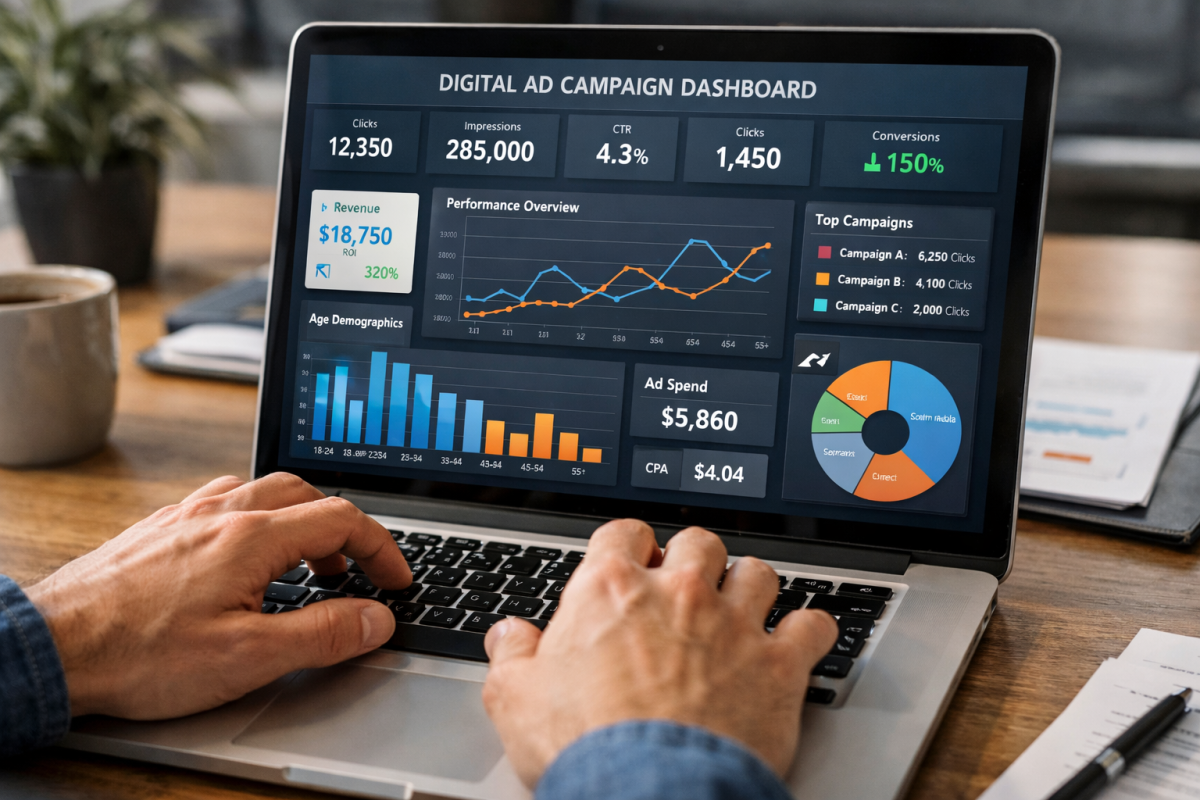 Reviewing digital advertising budget dashboard screen