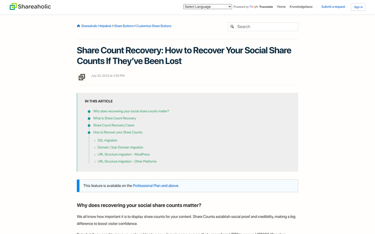 Plugin settings panel for share count recovery
