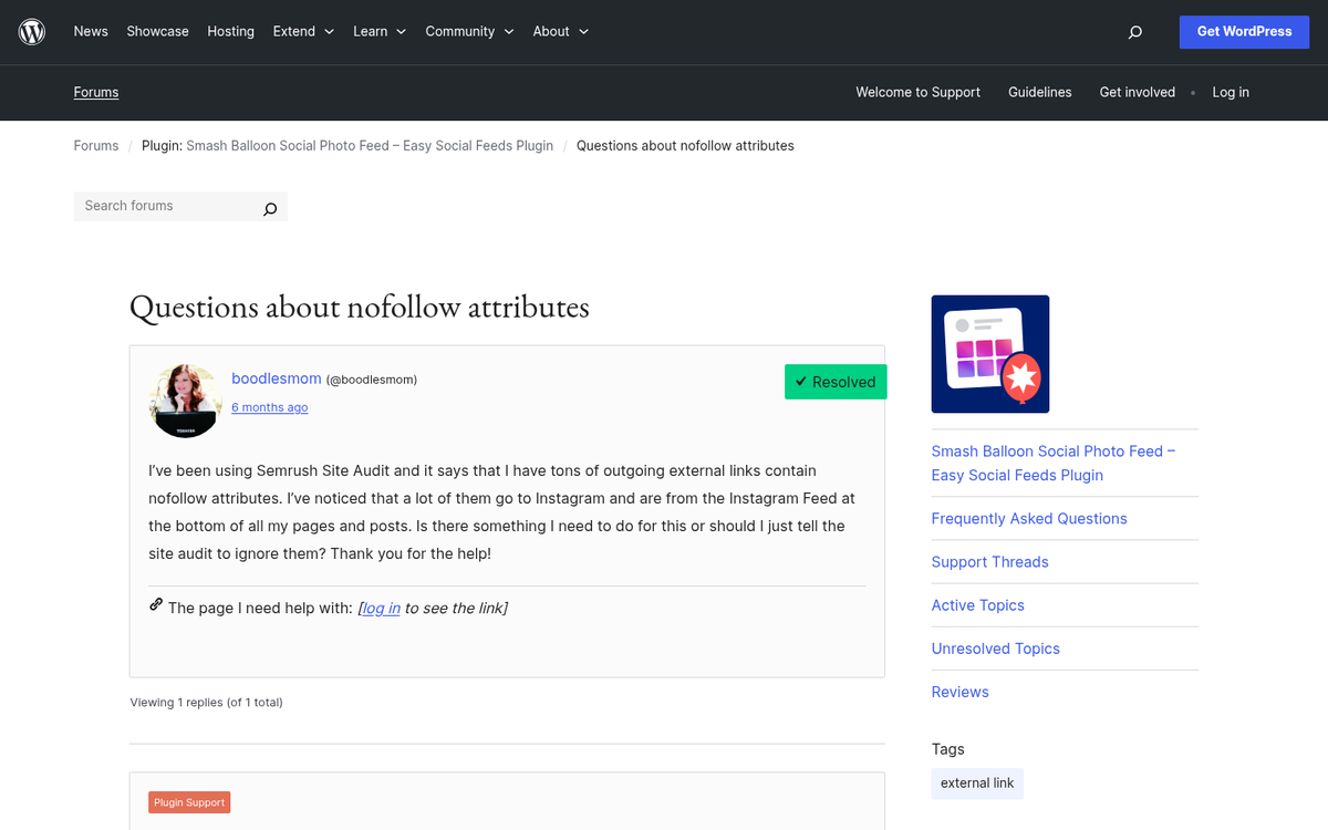 WordPress dashboard showing external link review