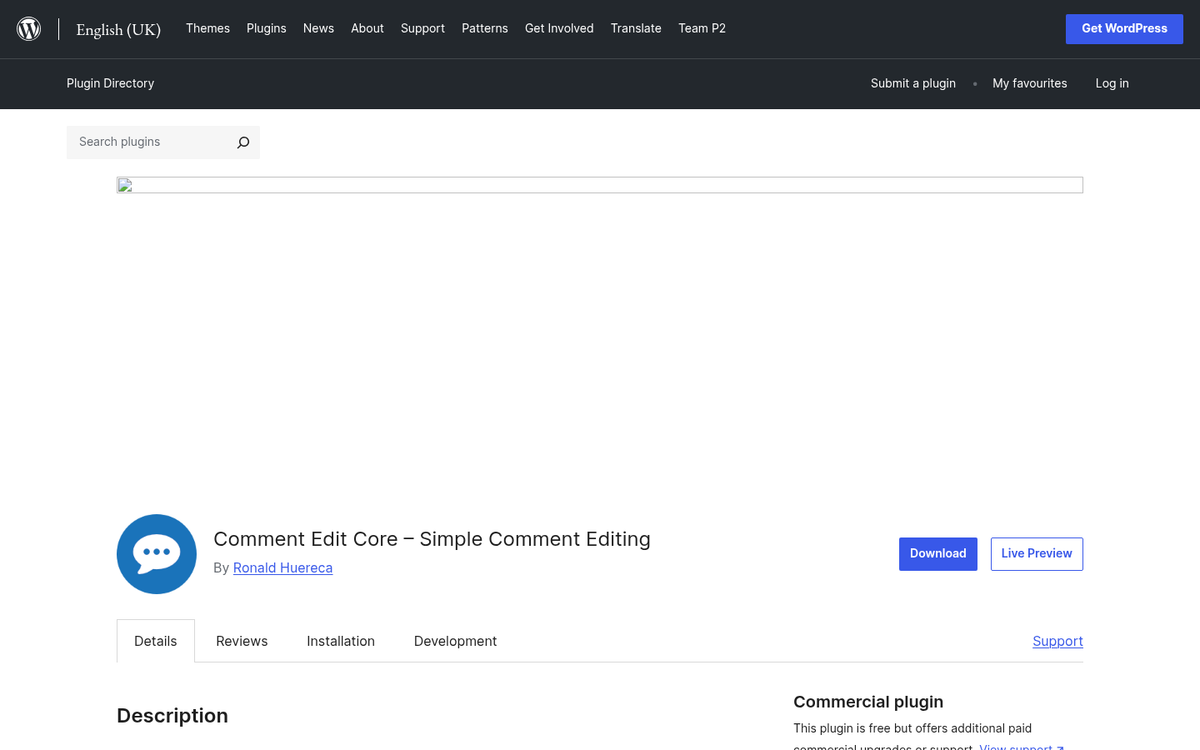 Comment Edit Core WordPress plugin interface screenshot