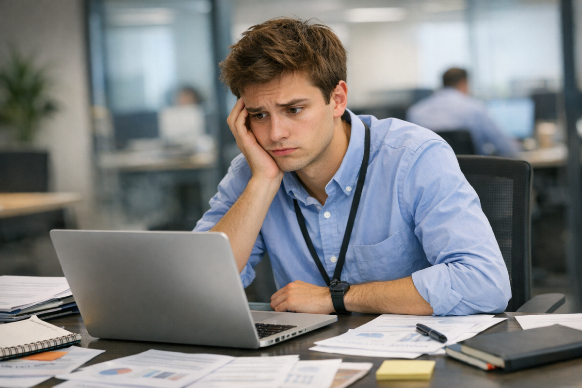 Young intern writing content at desk