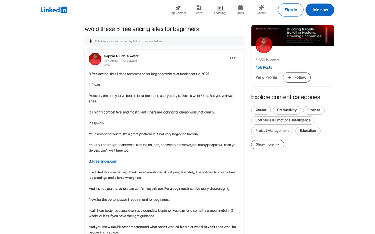 Freelancer profile on budget gig platform