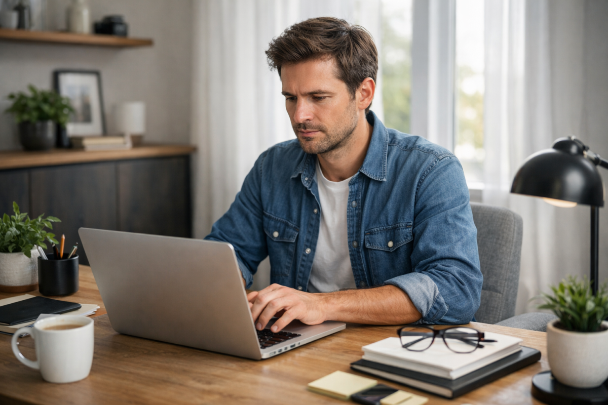 Freelancer working on laptop at desk