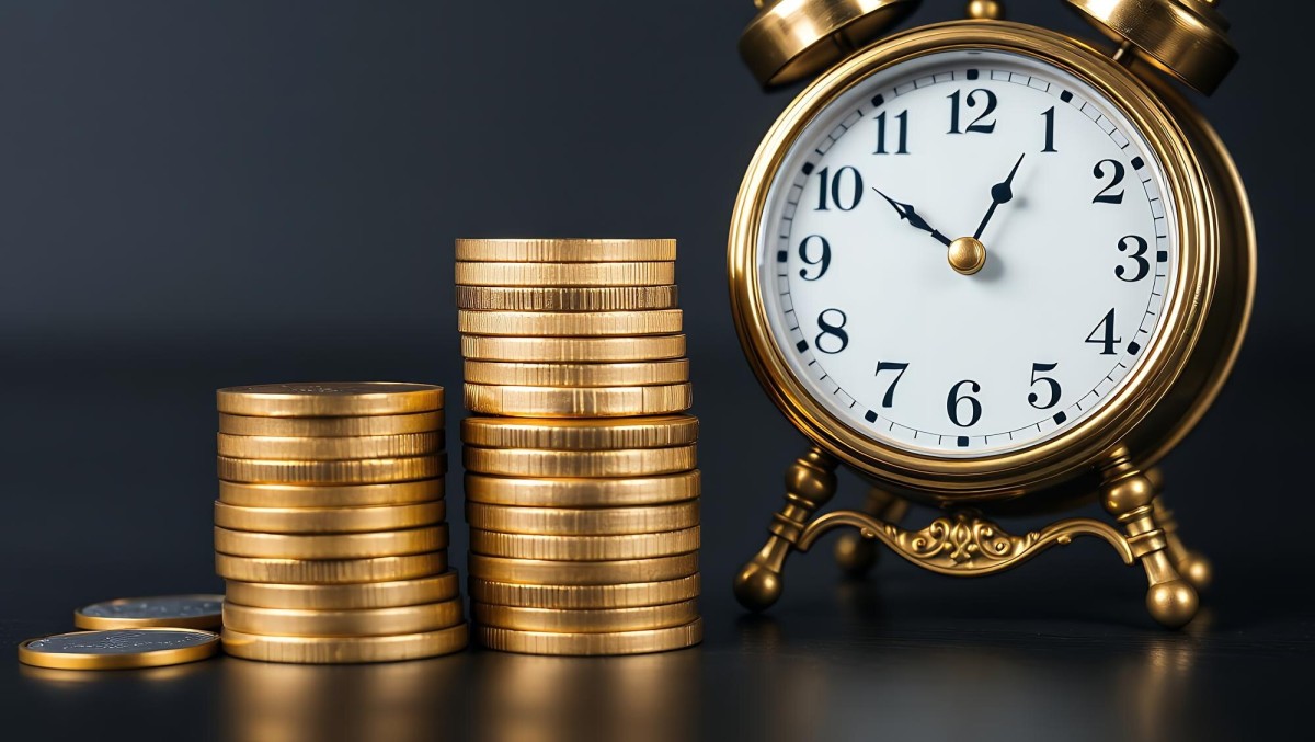 Hourglass beside stacks of money coins