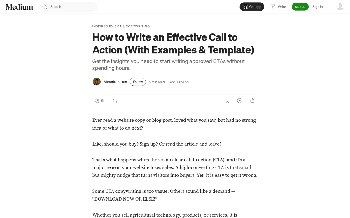 Medium blog post with call to action button
