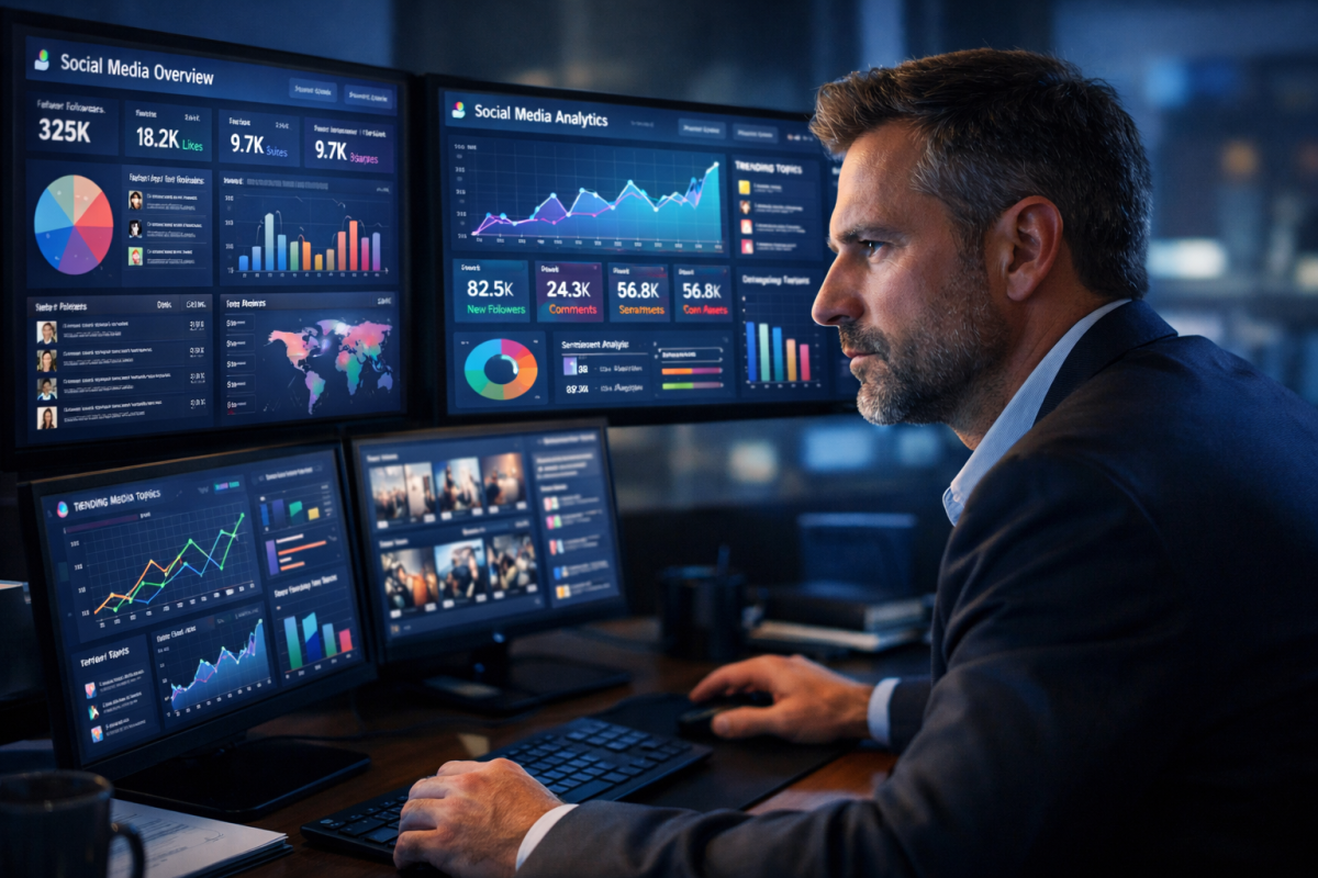 Person monitoring blog analytics on screen