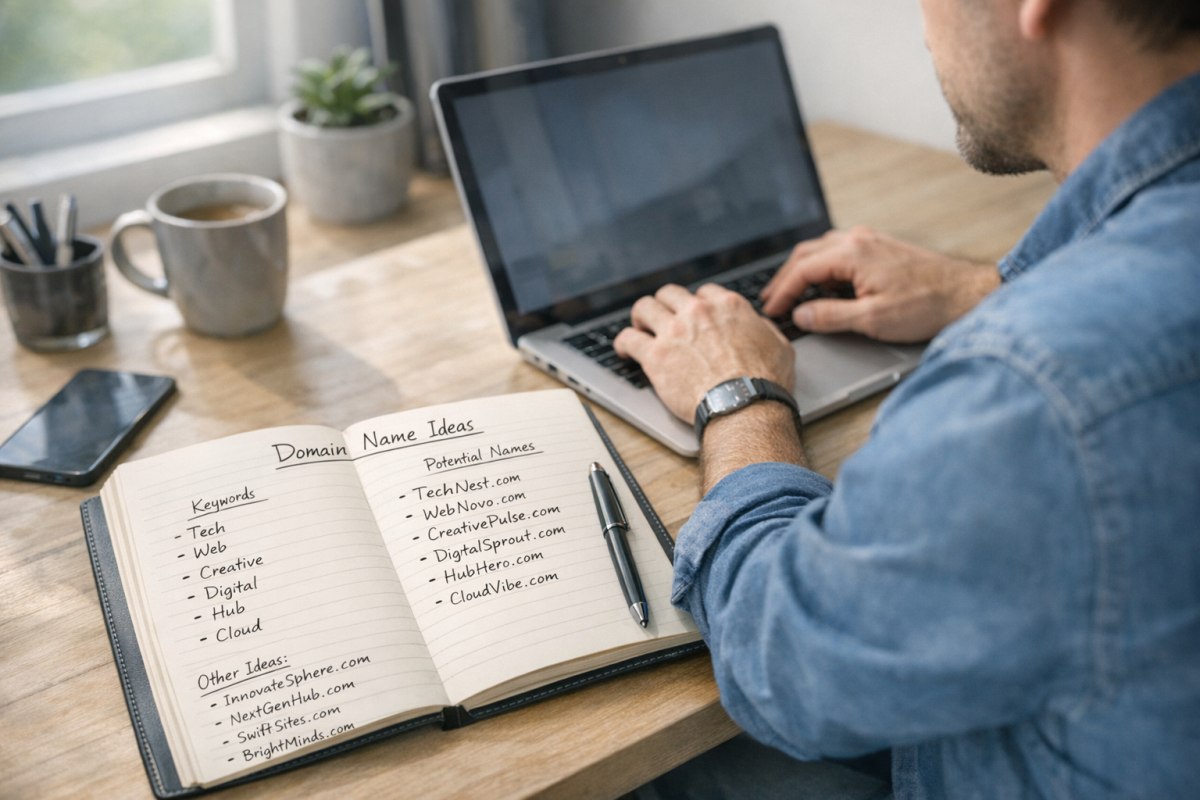 Person brainstorming domain name ideas