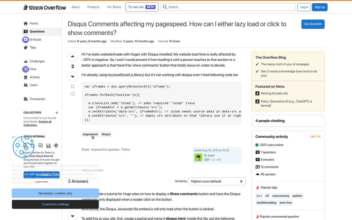 Disqus comments section loading on webpage