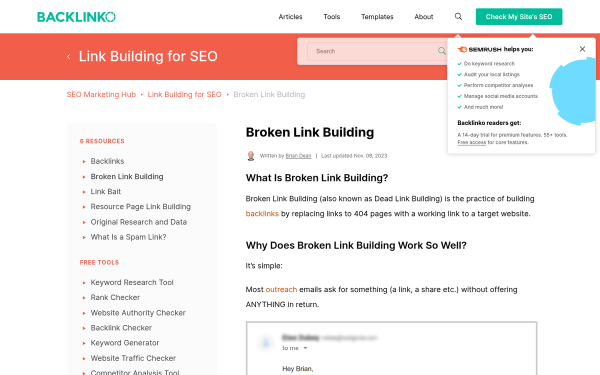 Broken link building outreach email example