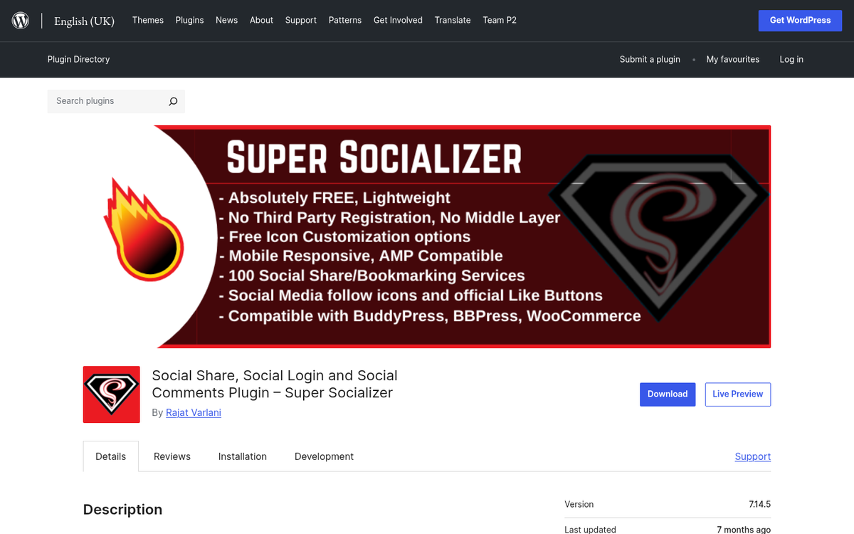 Super Socializer WordPress plugin settings page