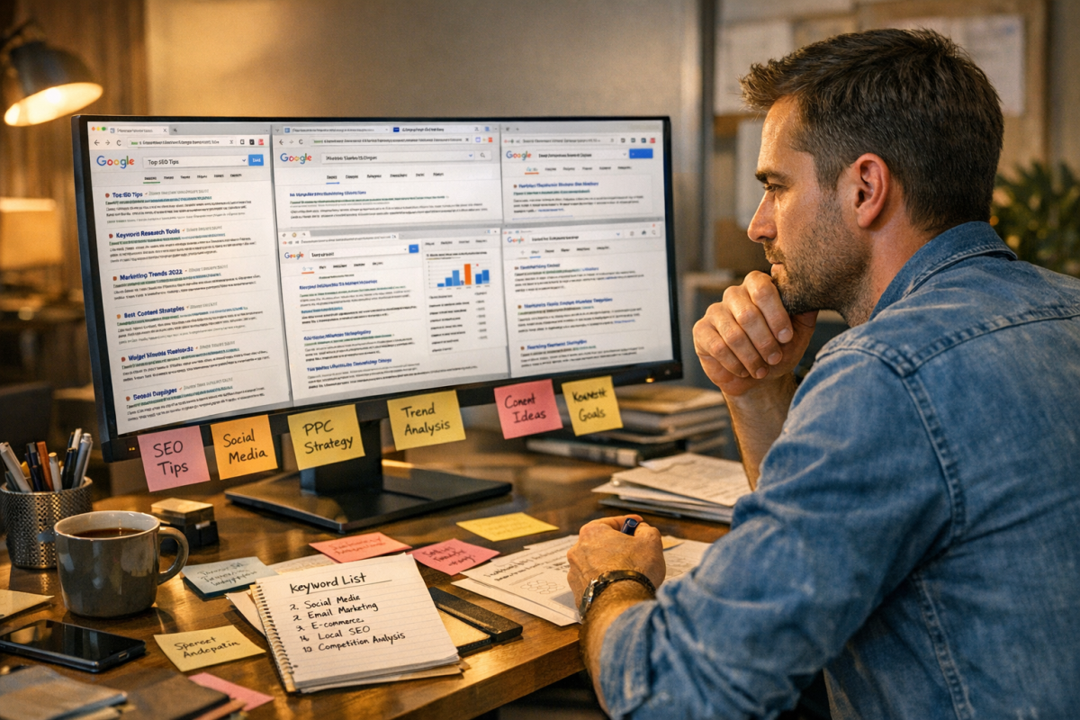 Person typing search query into computer