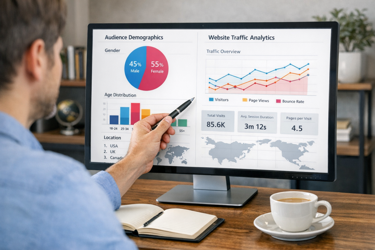Blogger analyzing website traffic and audience data