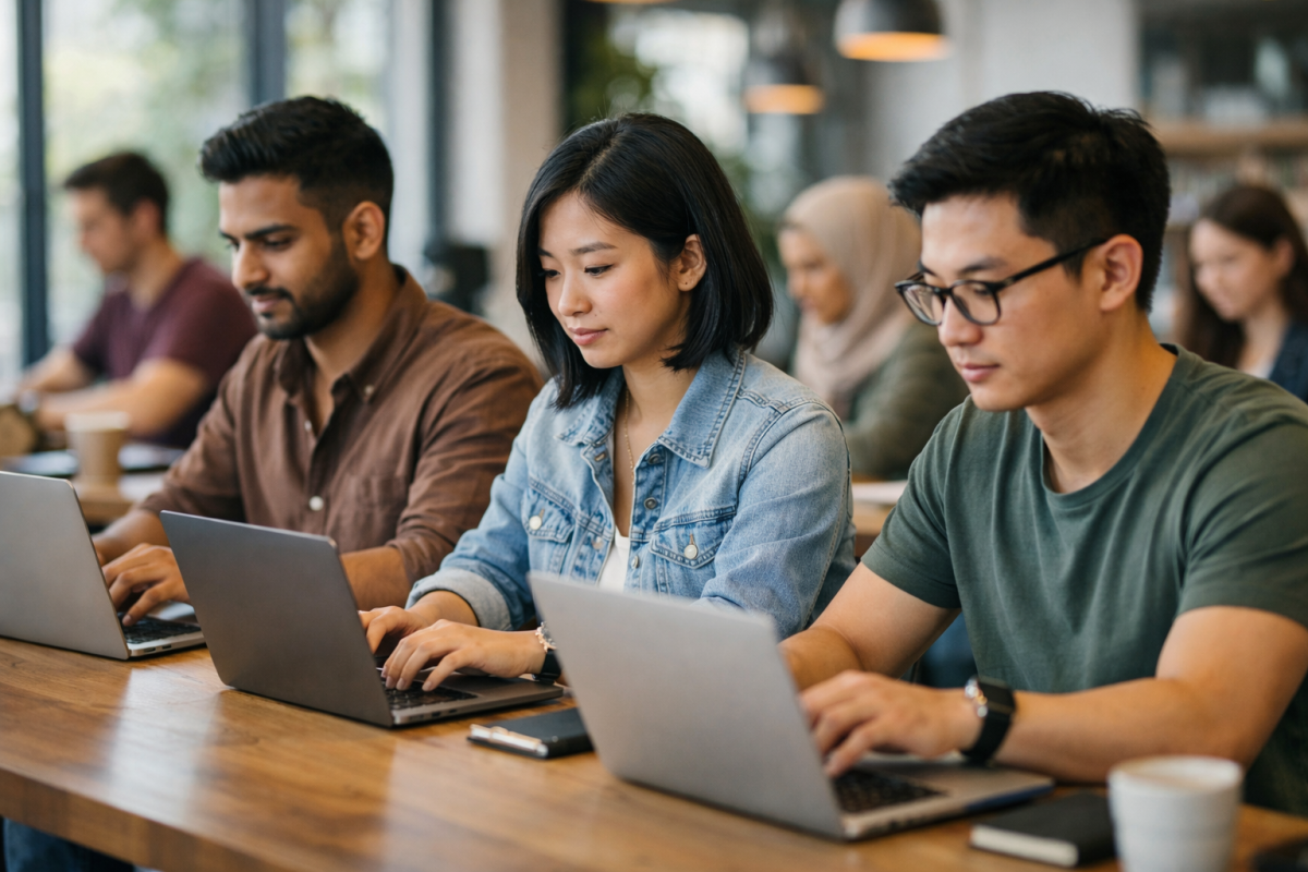 Person struggling to write in English