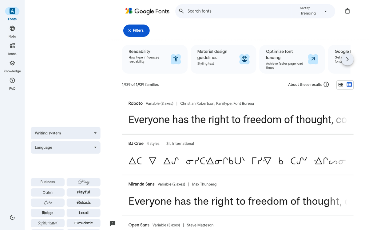 Web fonts displayed on a browser screen