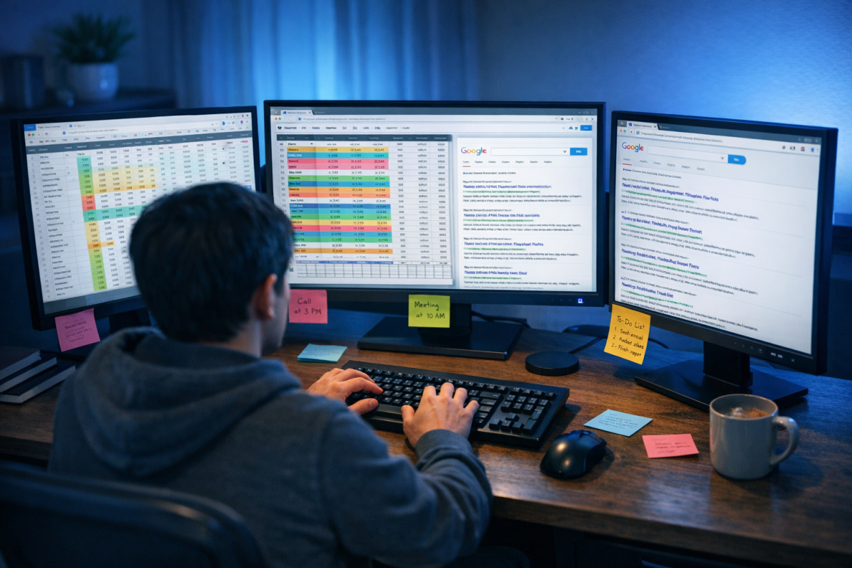 Person typing search query into computer