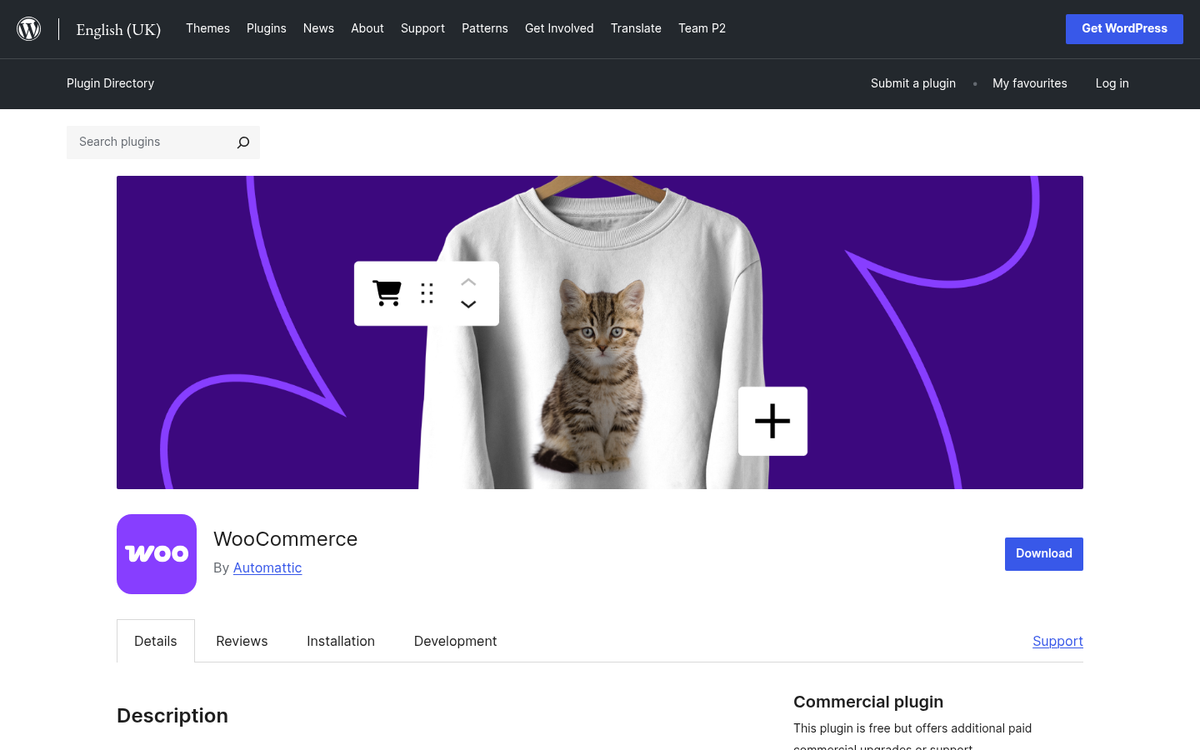 WooCommerce shopping cart plugin homepage screenshot