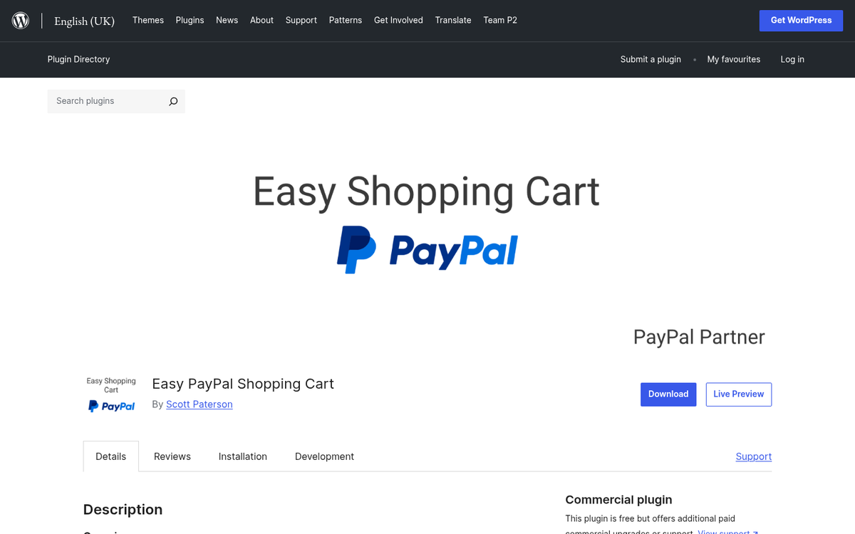 PayPal shopping cart plugin interface screenshot