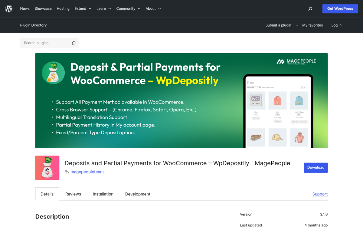 WP Deposit WordPress shopping cart plugin interface