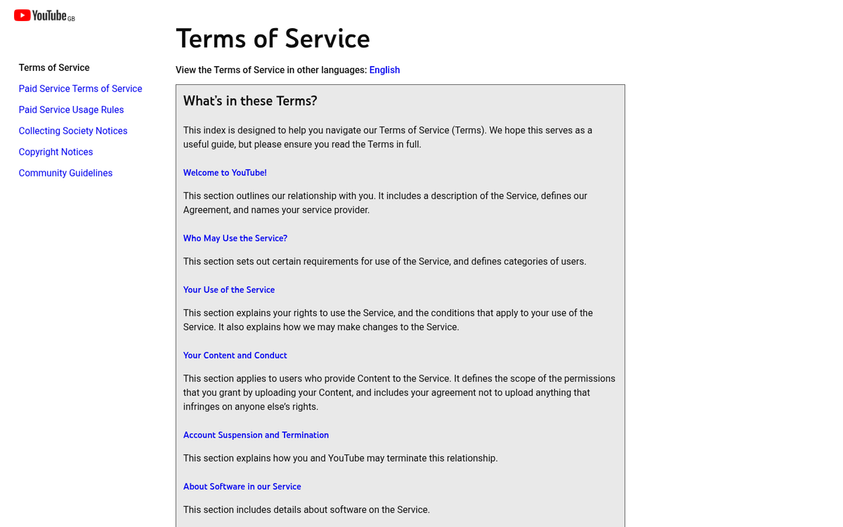 YouTube Terms of Service webpage screenshot