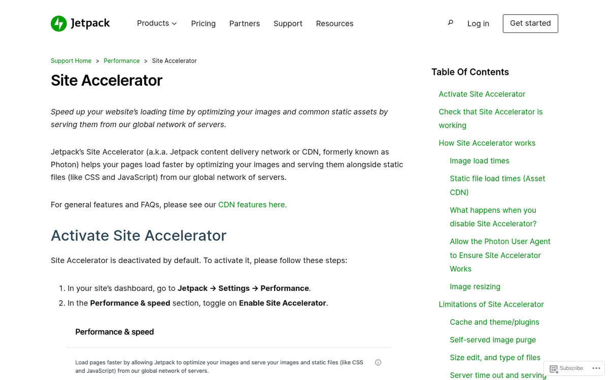 Jetpack Site Accelerator settings dashboard interface
