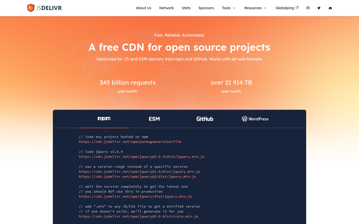 jsDelivr CDN website homepage screenshot
