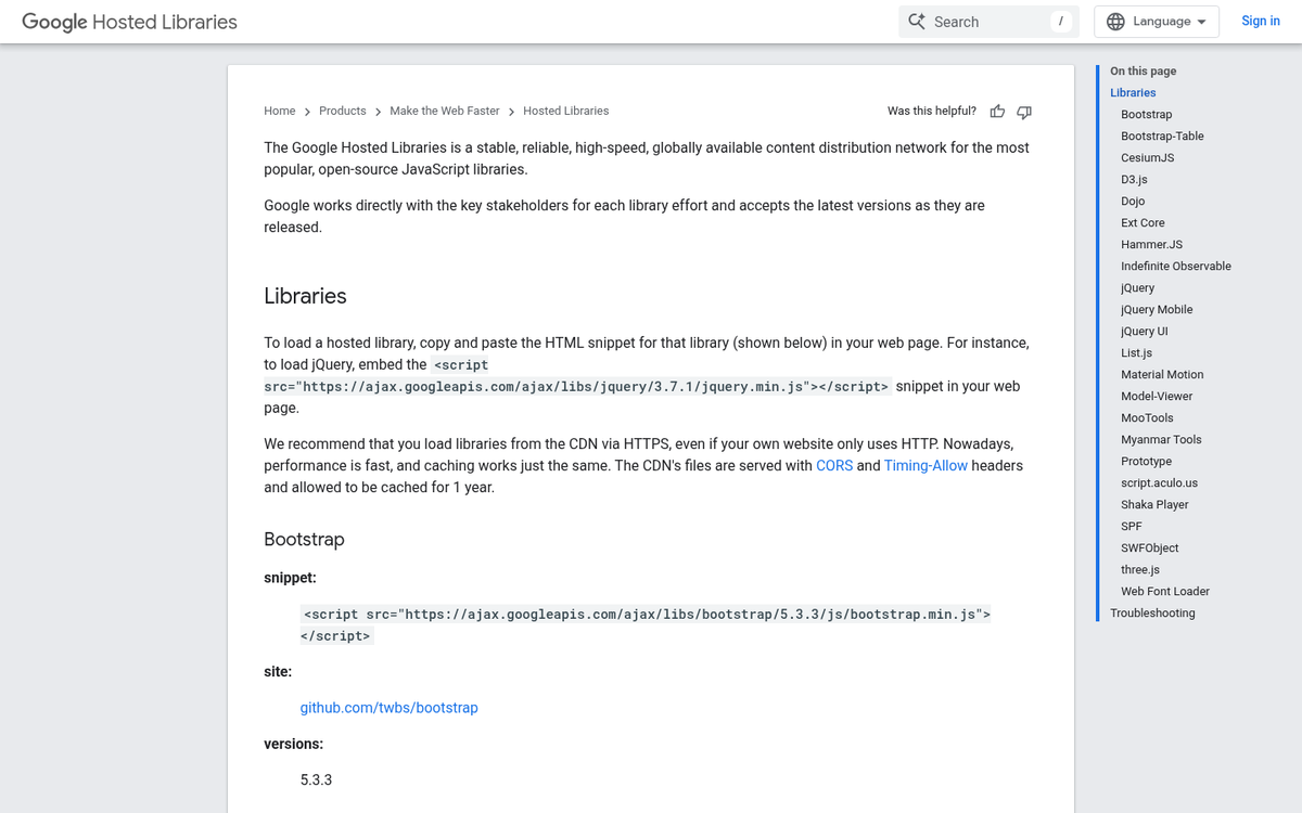 Google Hosted Libraries CDN website homepage